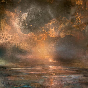 Charred Sky | 400mm x 330mm | Mixed media on burnt and weathered copper sheet using acid for chemical reactions